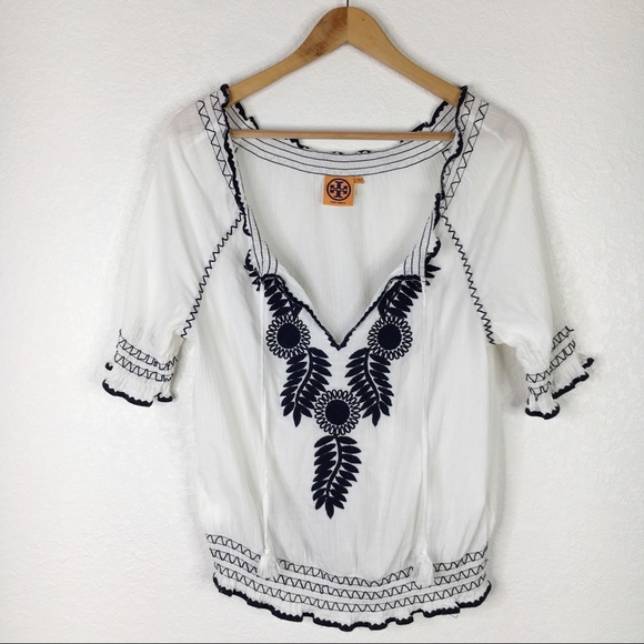 Tory Burch Tops - Tory Burch White & Blue Floral Embroidered Blouse